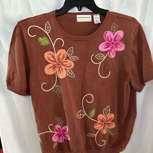 Alfred Dunner Brown Top with Pink and Orange Floral Embroidery